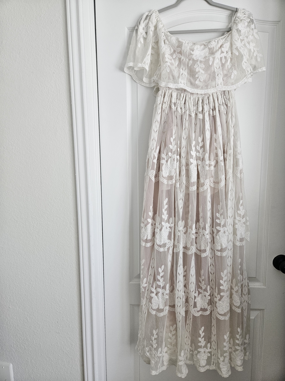Aakaa Ivory Lace Maxi Dress with Sheer Floral Overlay